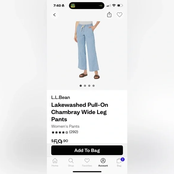 L.L. Bean Lake Washed Pull On Chambray Wide Leg Pant 26W - Picture 3 of 6